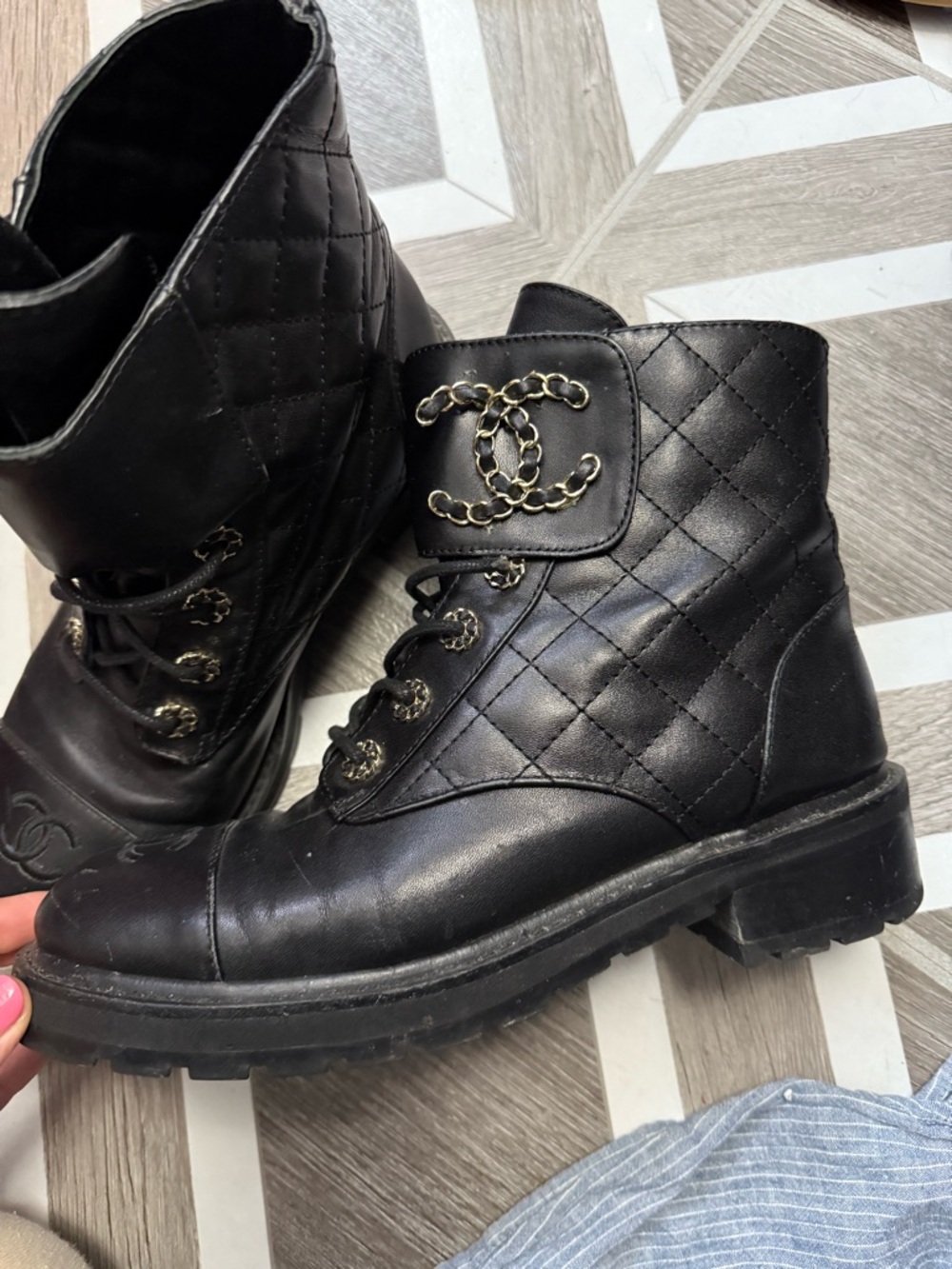 Quilted Black Leather Combat Boots with Chain detail